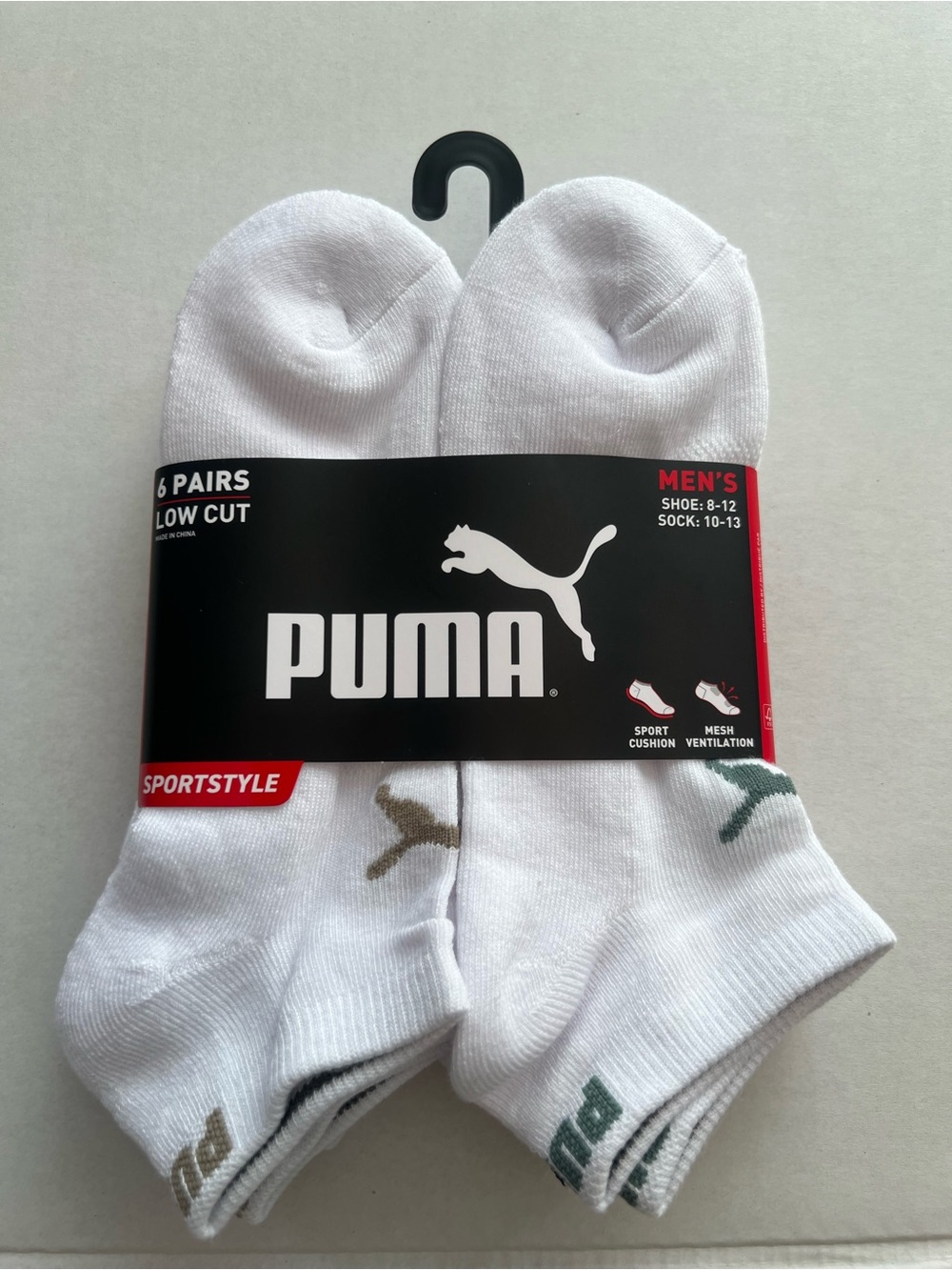 Puma Men’s Low Cut Athletic Socks in White with Green & Gold Logos - 6 Pack